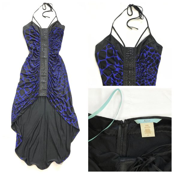 Marciano Stretchy Silk High Low Halter Rushed Embellished Dress - Picture 1 of 13